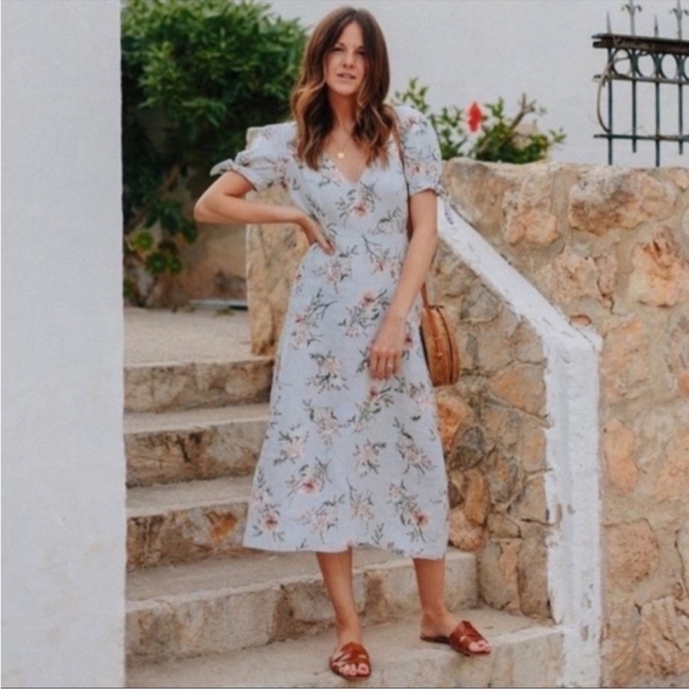 Zara 100% Linen Floral Midi Dress Light Blue Cottagecore V-Neck Size Small